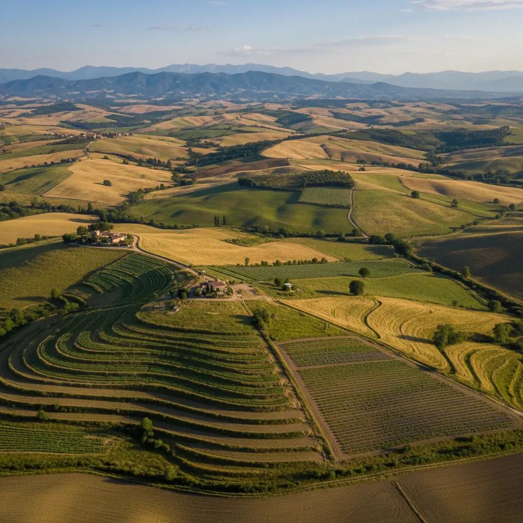 Aerial view of Italian organic farmland with diverse crop patterns and rolling hills