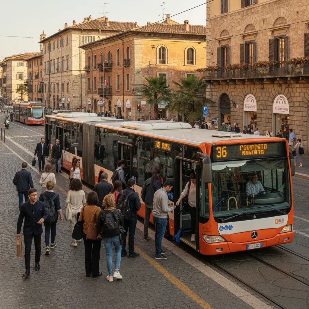 Busy Italian urban transit stop with buses and waiting passengers in a city street setting