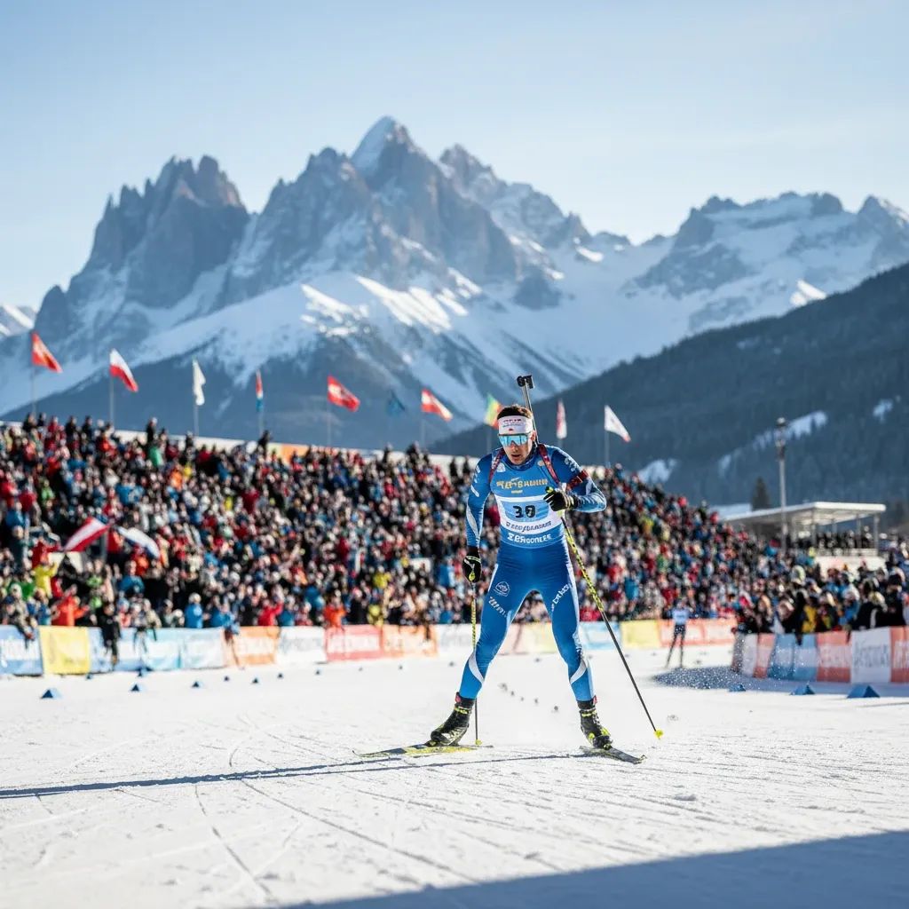 Biathlon athlete skis past cheering Anterselva crowd with snowy Dolomites towering in the background