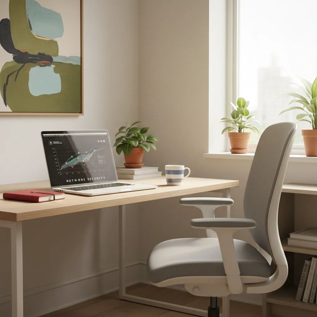 Modern home office workspace with laptop and ergonomic setup, representing remote worker safety and legal protections