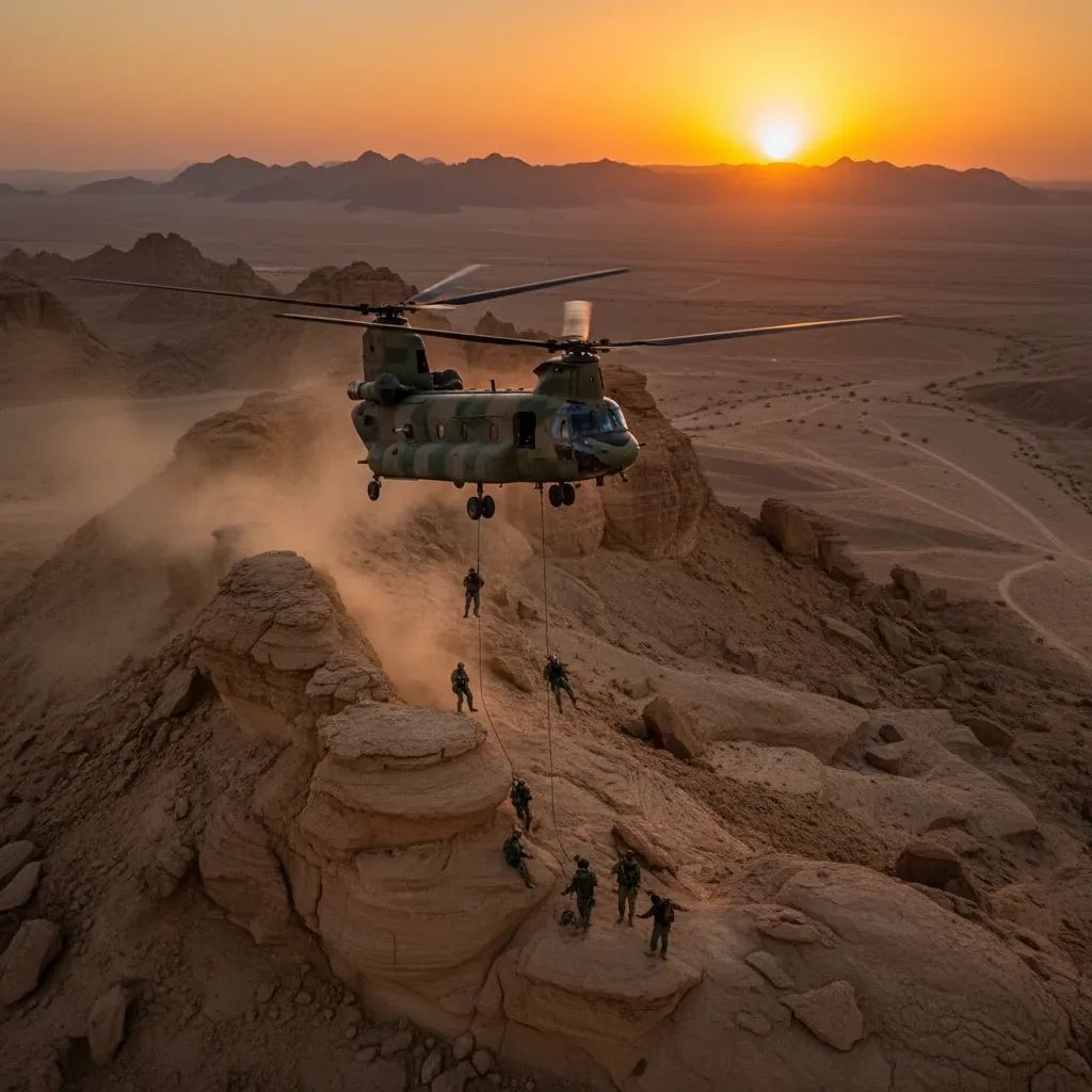 Military special forces conducting rescue operation with helicopter support in desert terrain