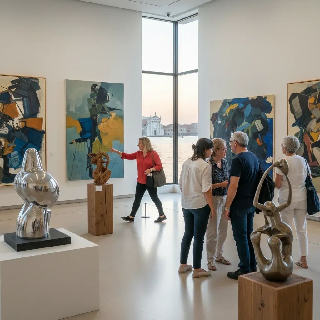 Visitors viewing contemporary art installations at Venice Biennale exhibition space