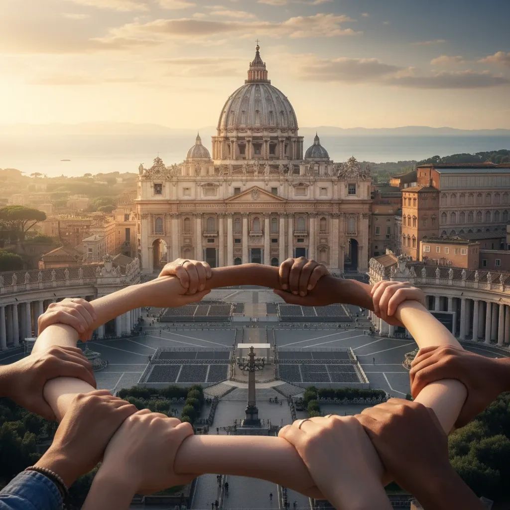 Vatican building with symbolic imagery of peace and dialogue between nations, representing the Pope's call for Middle East diplomacy