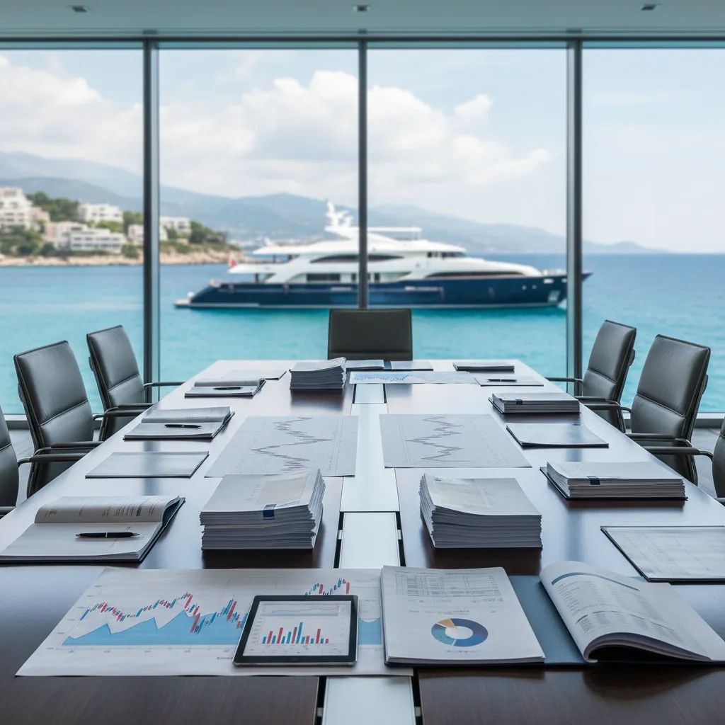 Corporate boardroom with financial documents during shareholder voting scenario