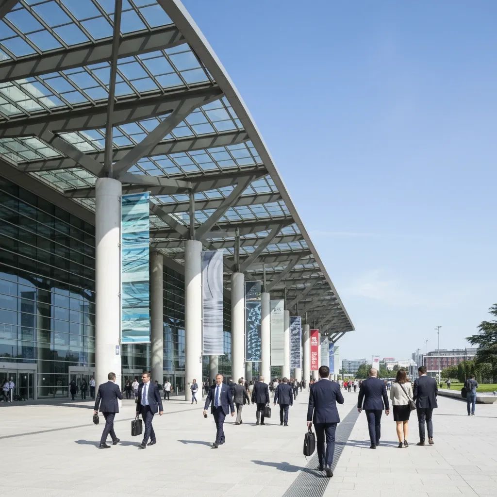 Wide-angle exterior of Fiera Milano with business visitors arriving for a trade fair