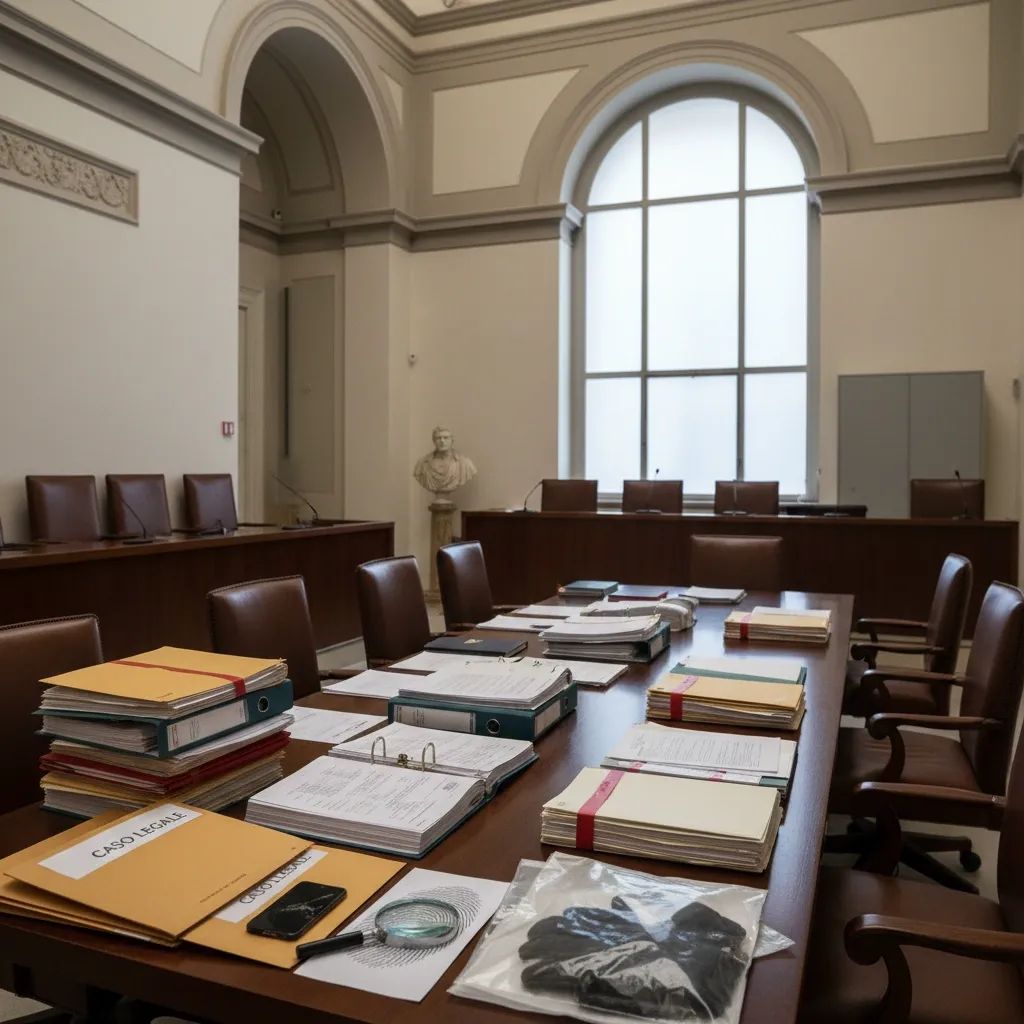 Italian courthouse evidence documents and legal case files on professional table setting