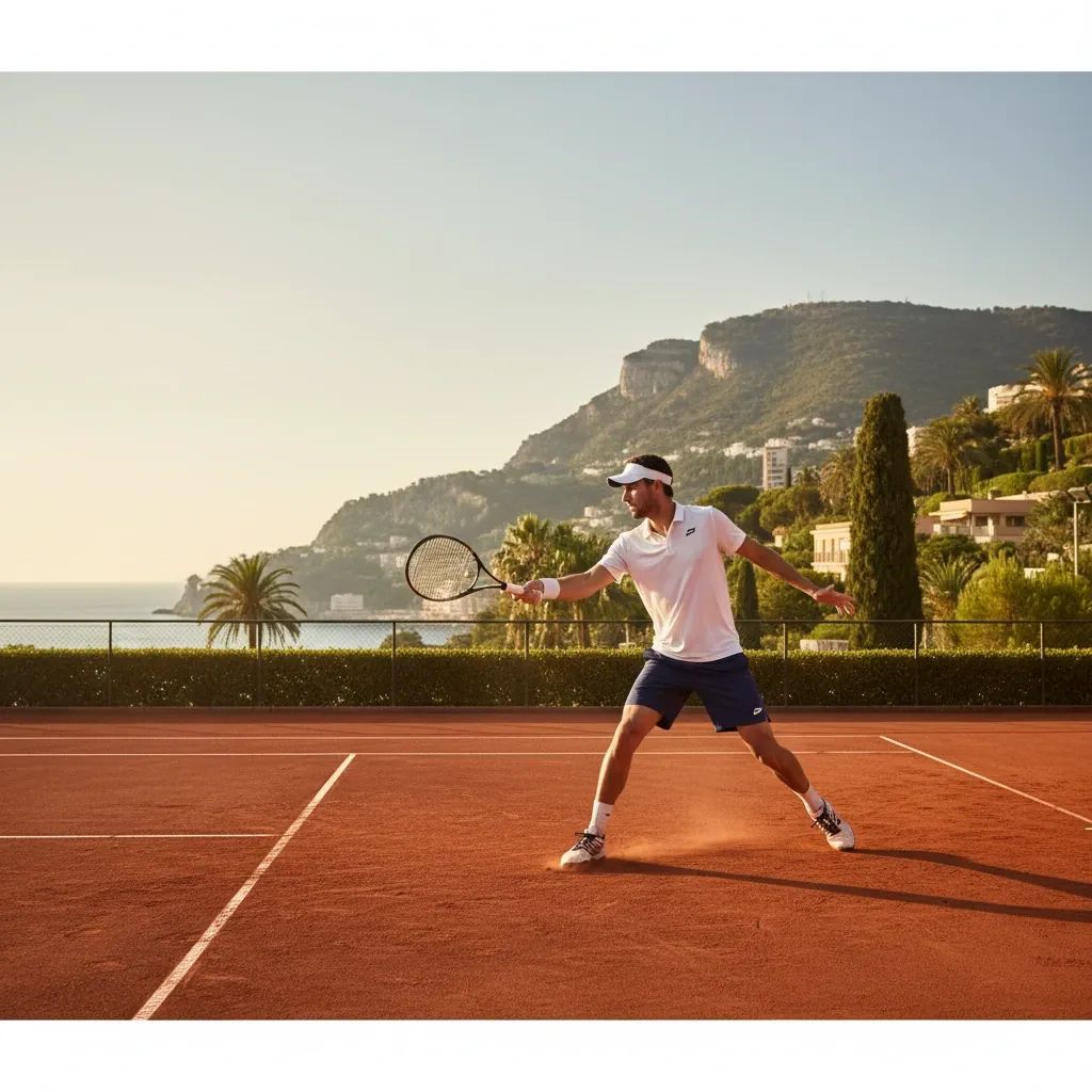 Tennis player practicing on clay court with Mediterranean backdrop at Monte Carlo venue