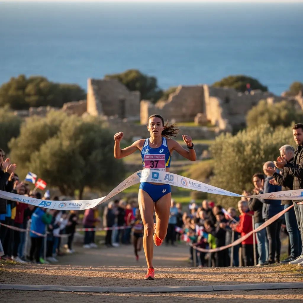Distance runner crossing finish line at Italian cross-country championship with Mediterranean coastline and ancient ruins visible in background